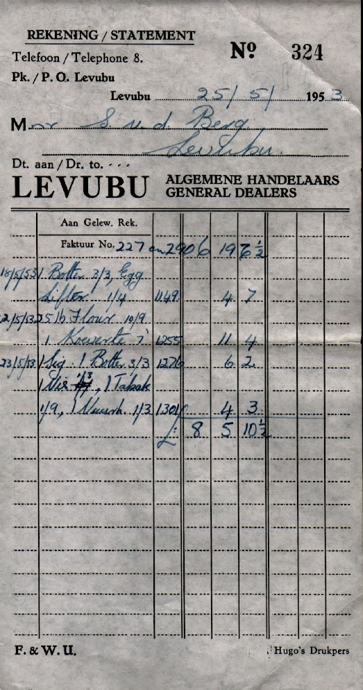 Kruideniersware rekening by die winkel op Levubu