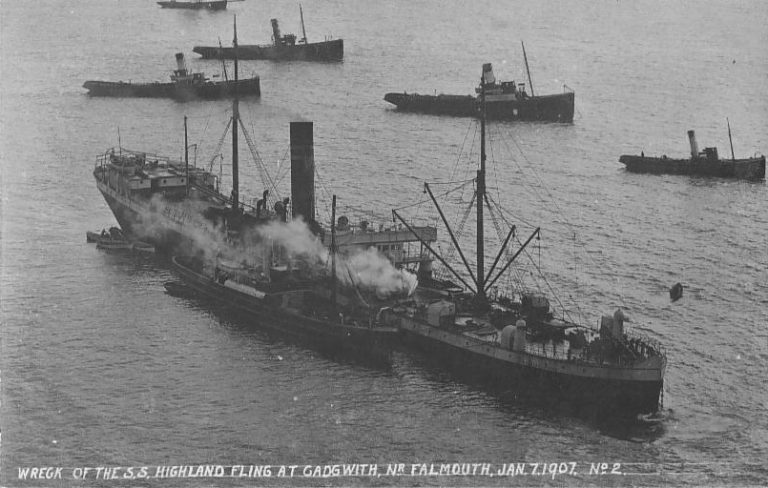 The Highland Fling ran aground on Jan 7 1907 near Falmouth. A photo of the stranded ship